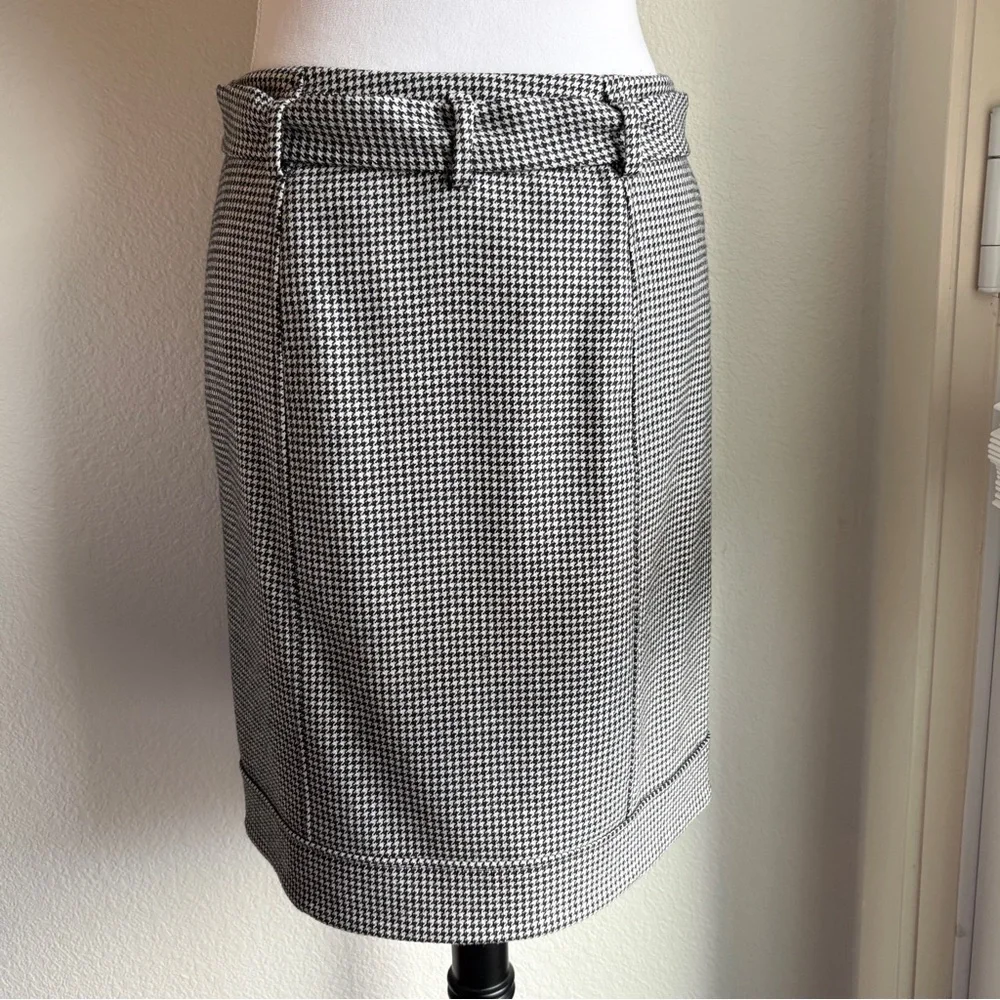 Talbots Vintage Grey Houndstooth Wool Blend Belted Pencil Skirt 2 Petite